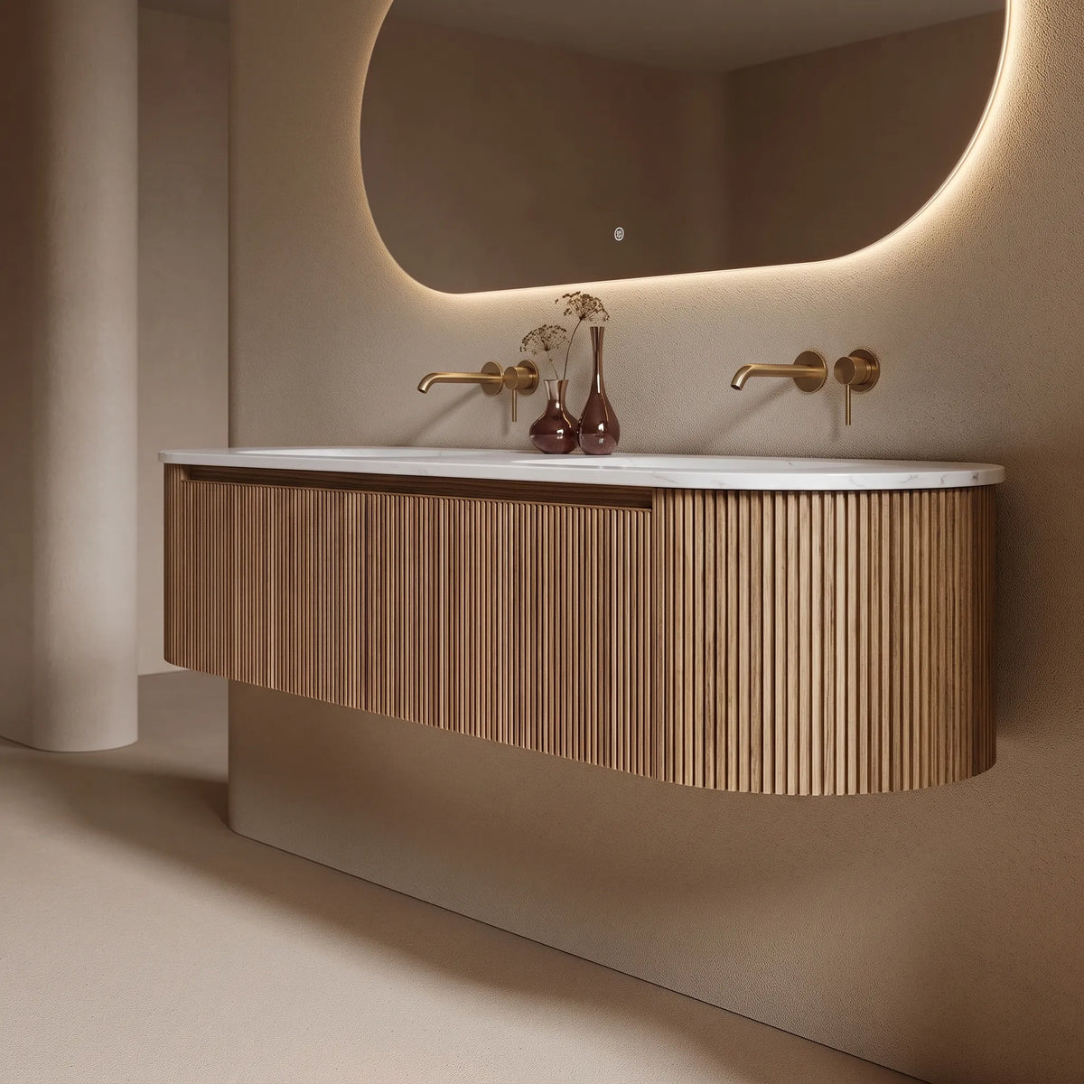 FLUTTO - Meuble Double Vasque Suspendu 180 cm, Cannelures Bois de Frêne, avec Miroir