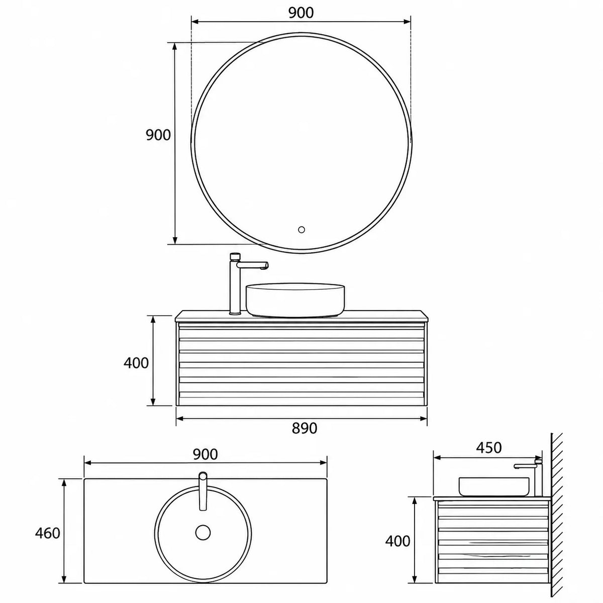 SCOGLIO - Meuble Vasque Suspendu 90 cm, Plan Dalle de Roche, Vasque Noire, avec Miroir