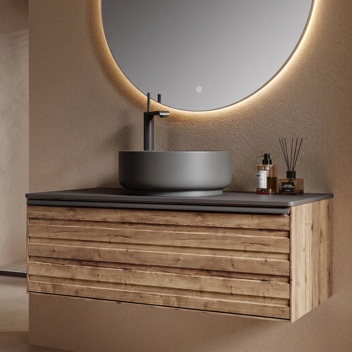 SCOGLIO - Meuble Vasque Suspendu 90 cm, Plan Dalle de Roche, Vasque Noire, avec Miroir