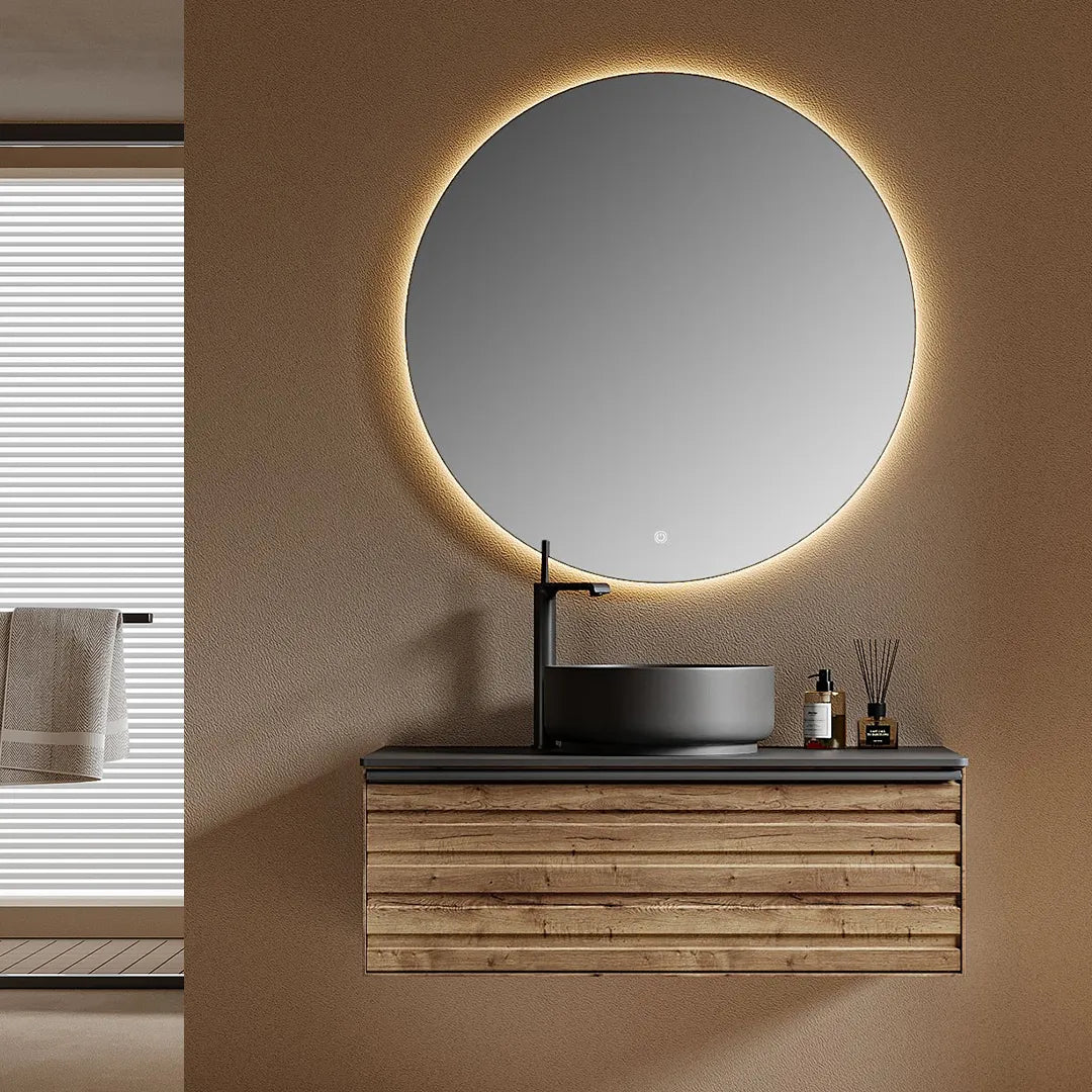SCOGLIO - Meuble Vasque Suspendu 90 cm, Plan Dalle de Roche, Vasque Noire, avec Miroir
