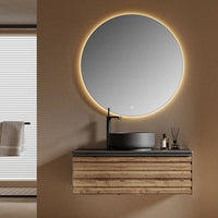 SCOGLIO - Meuble Vasque Suspendu 90 cm, Plan Dalle de Roche, Vasque Noire, avec Miroir