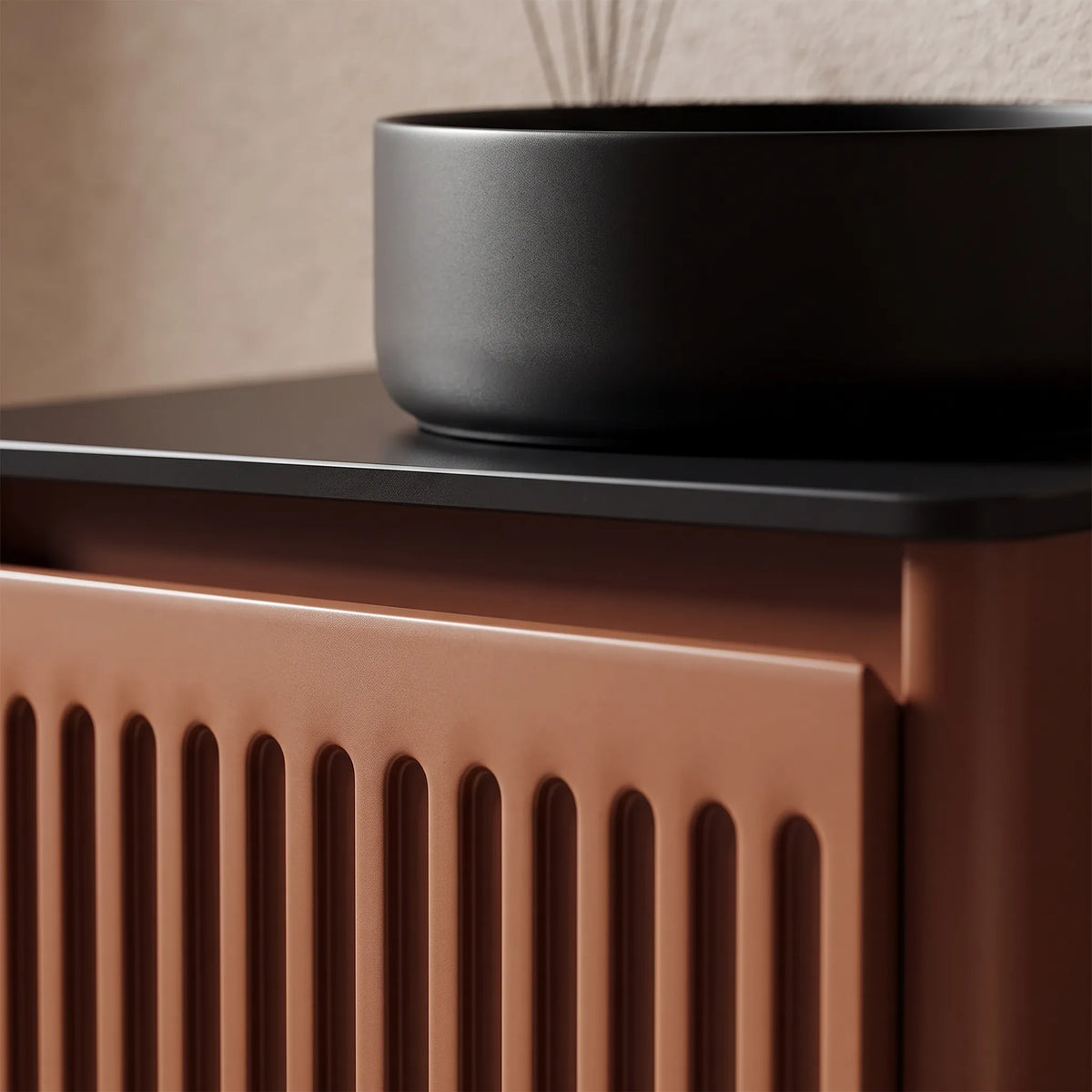 CANNELLA - Meuble Vasque Suspendu 75 cm, Façade Cannelée Terracotta, Vasque à Poser Noire, avec Miroir