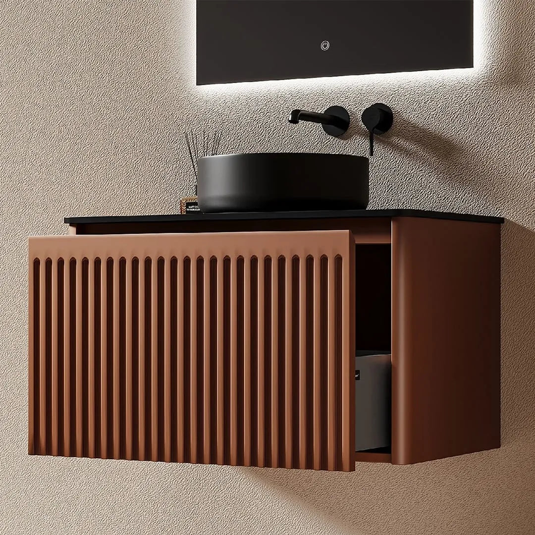 CANNELLA - Meuble Vasque Suspendu 75 cm, Façade Cannelée Terracotta, Vasque à Poser Noire, avec Miroir