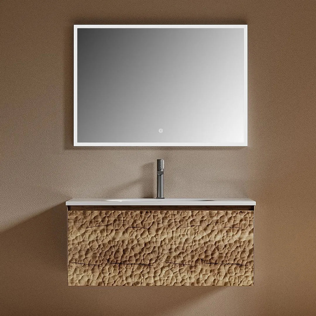 CORTECCIA - Meuble Vasque Suspendu 90 cm, Façade Relief Écorce Bois Clair, avec Miroir