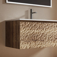CORTECCIA - Meuble Vasque Suspendu 90 cm, Façade Relief Écorce Bois Clair, avec Miroir