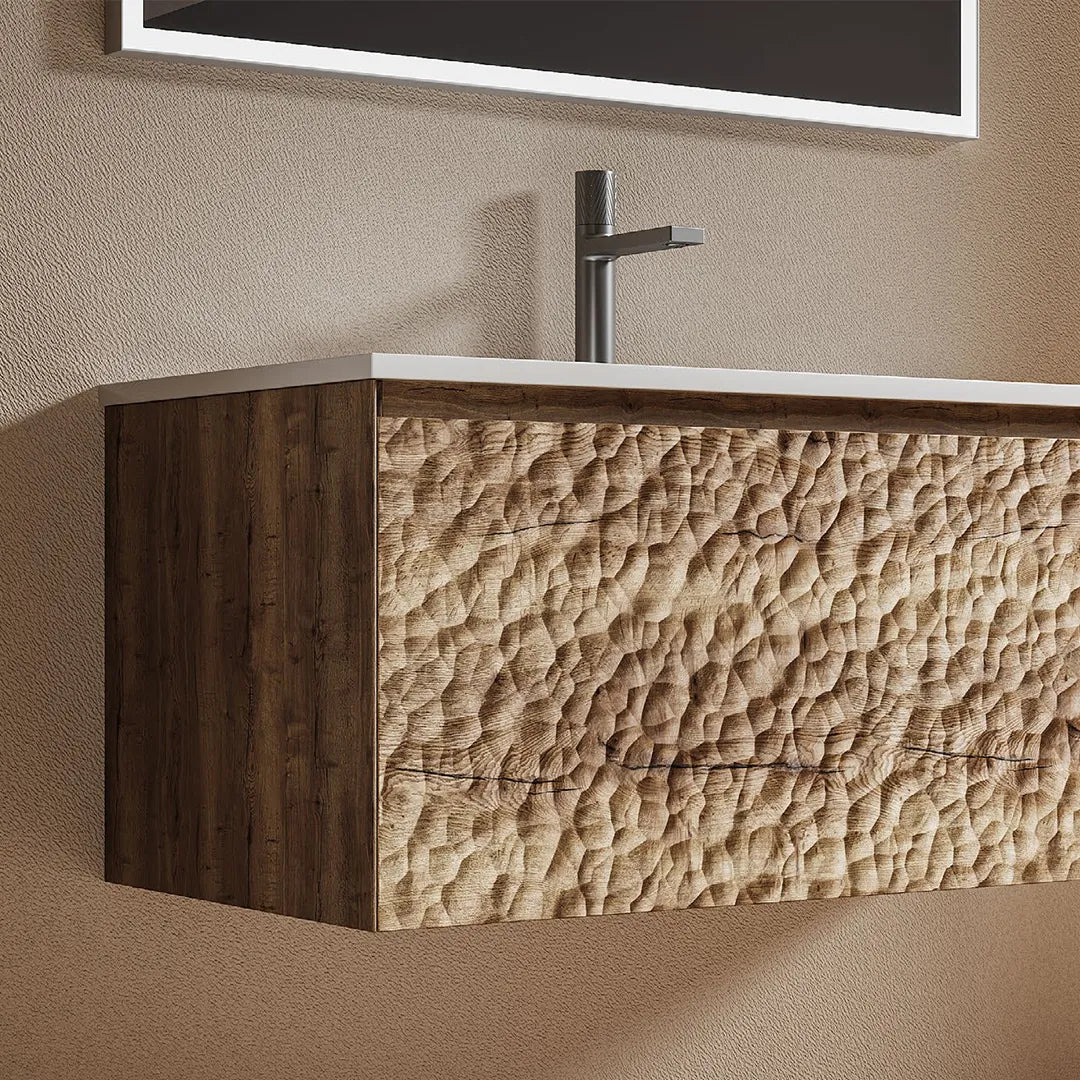 CORTECCIA - Meuble Vasque Suspendu 90 cm, Façade Relief Écorce Bois Clair, avec Miroir