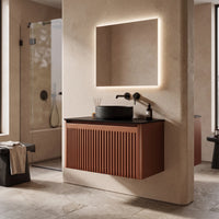 CANNELLA - Meuble Vasque Suspendu 75 cm, Façade Cannelée Terracotta, Vasque à Poser Noire, avec Miroir