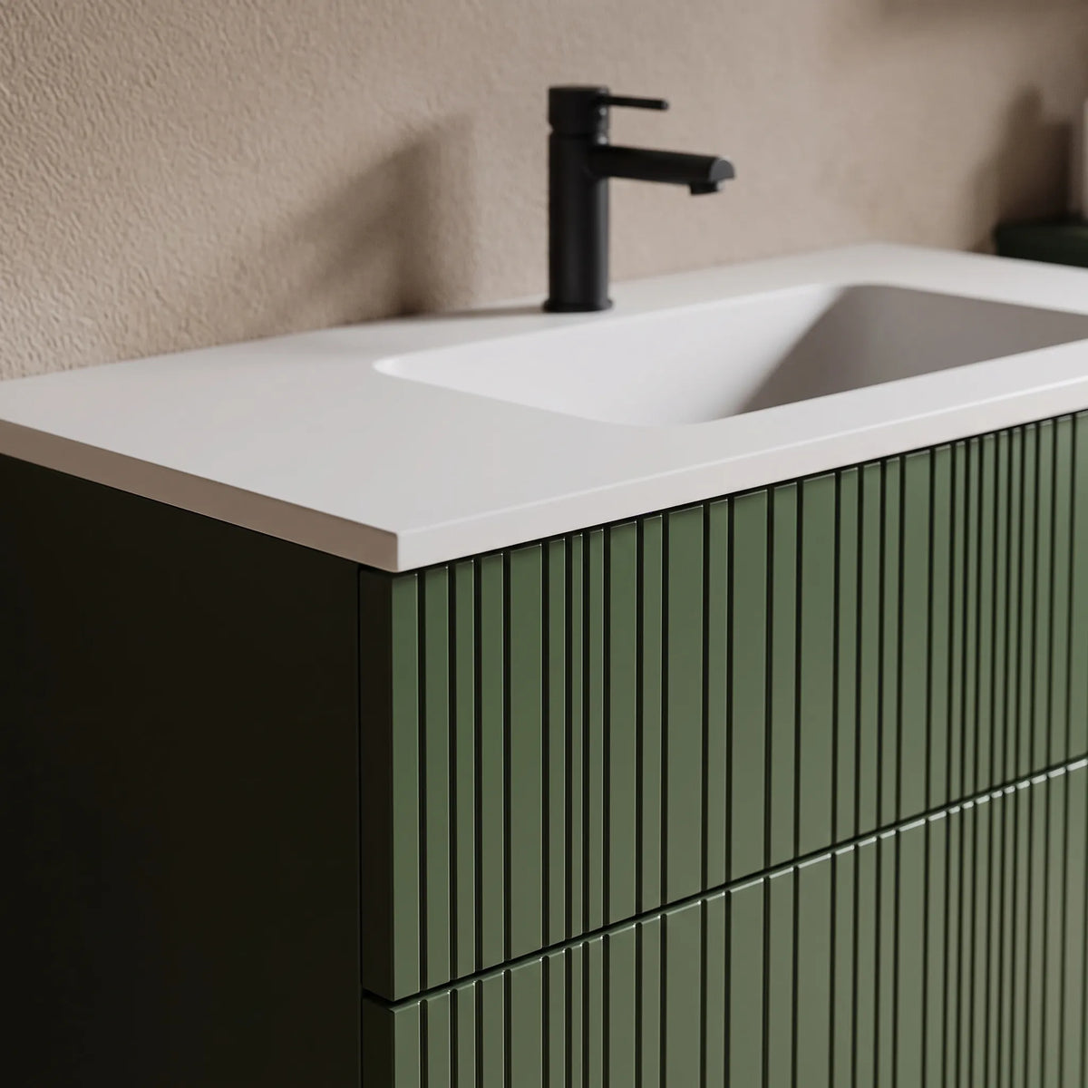 PINETA - Meuble Vasque Suspendu 100 cm, Vert Cannelé, avec Colonne Latérale et Miroir