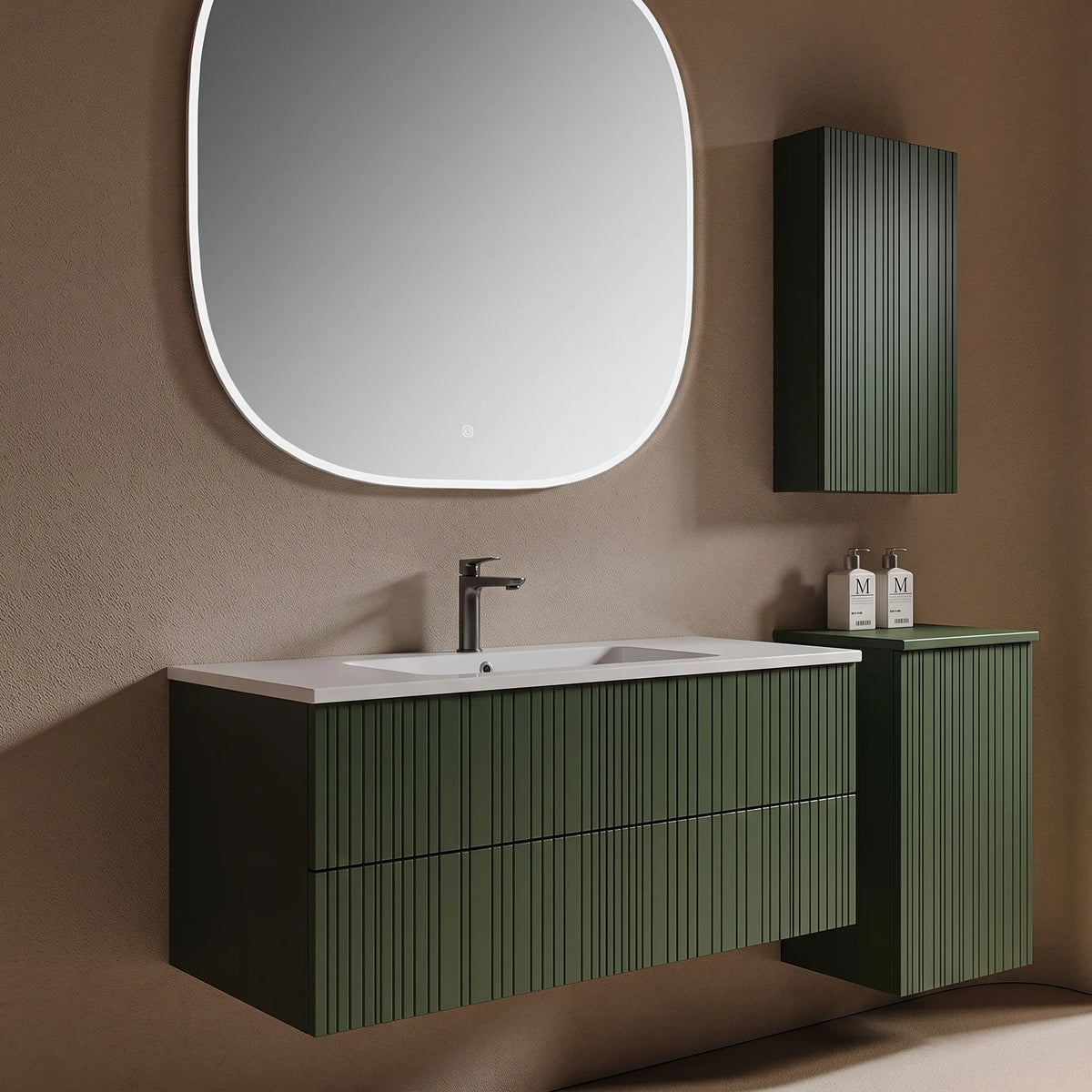 PINETA - Meuble Vasque Suspendu 100 cm, Vert Cannelé, avec Colonne Latérale et Miroir