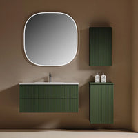 PINETA - Meuble Vasque Suspendu 100 cm, Vert Cannelé, avec Colonne Latérale et Miroir