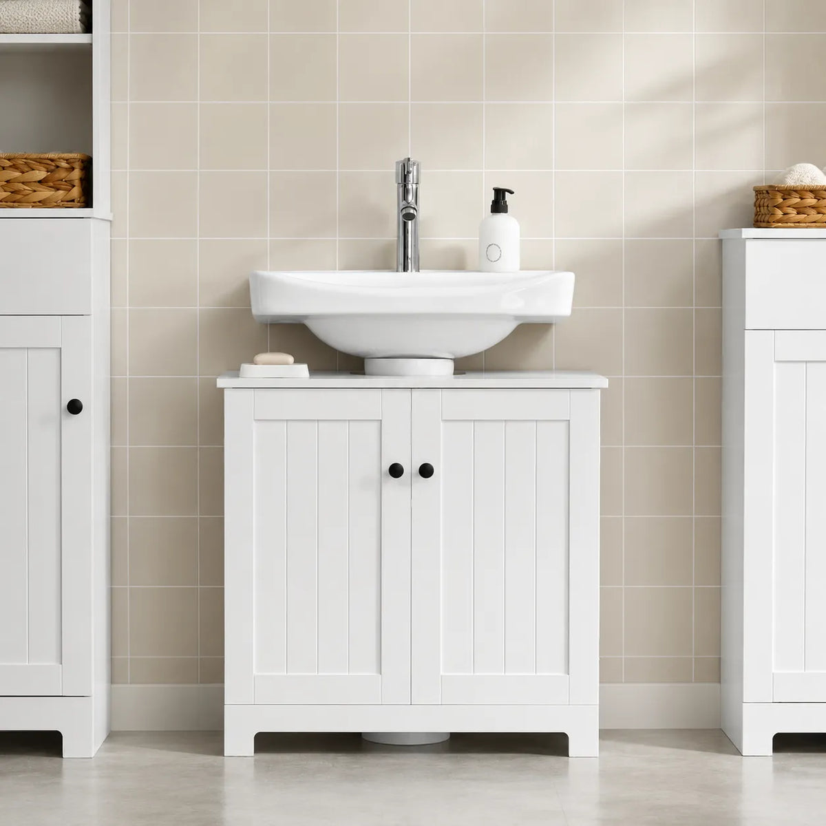 VELTOU - Waschtischunterschrank-Säule, U-förmiger Stauraum, Weiß 60cm
