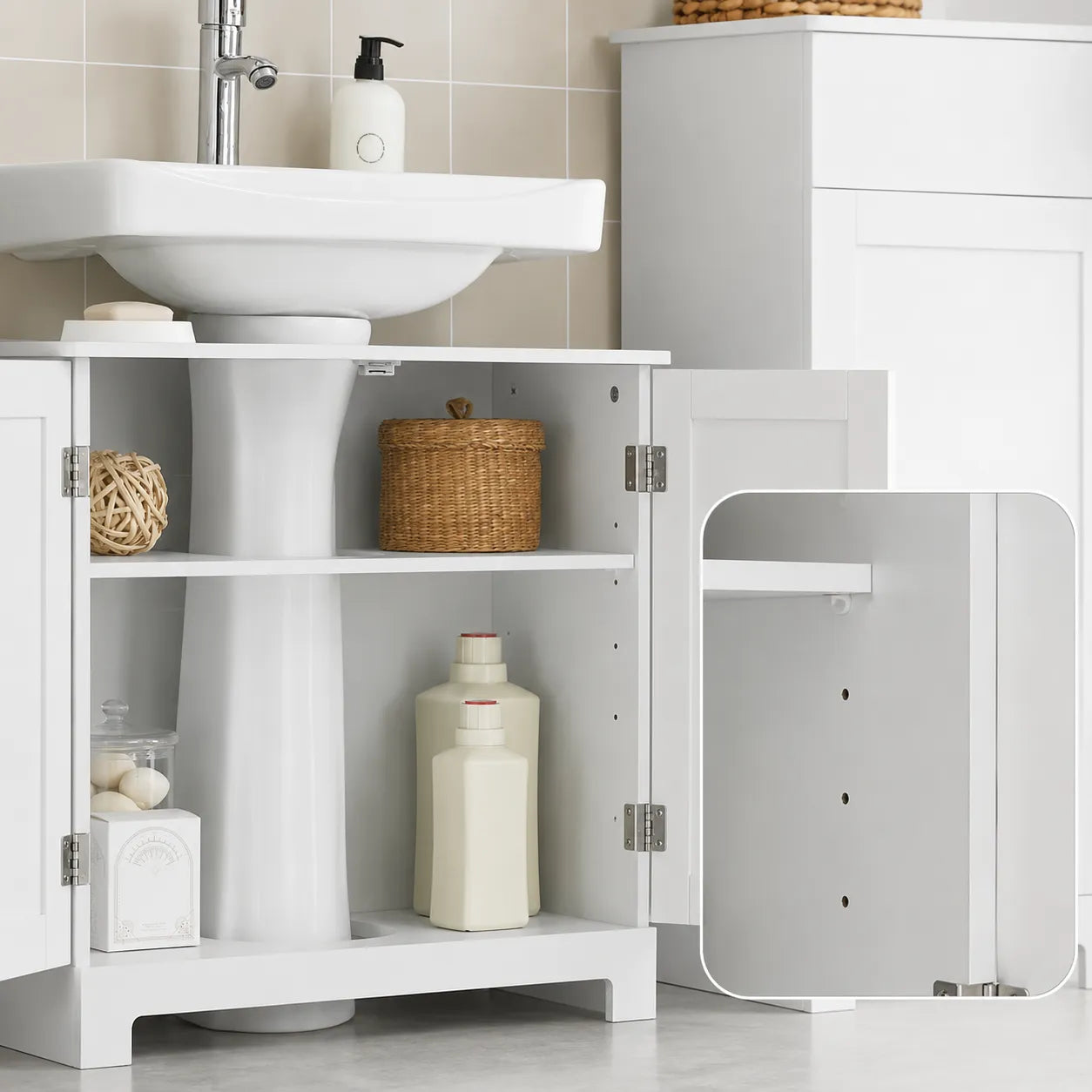 VELTOU - Waschtischunterschrank-Säule, U-förmiger Stauraum, Weiß 60cm