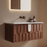 NOCE - Meuble Vasque Suspendu 80 cm, Façade Noyer à Motifs en U, avec Miroir