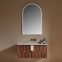 NOCE - Meuble Vasque Suspendu 80 cm, Façade Noyer à Motifs en U, avec Miroir