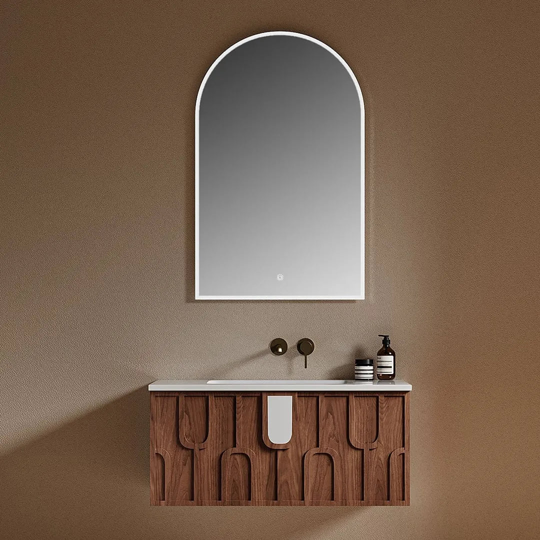 NOCE - Meuble Vasque Suspendu 80 cm, Façade Noyer à Motifs en U, avec Miroir