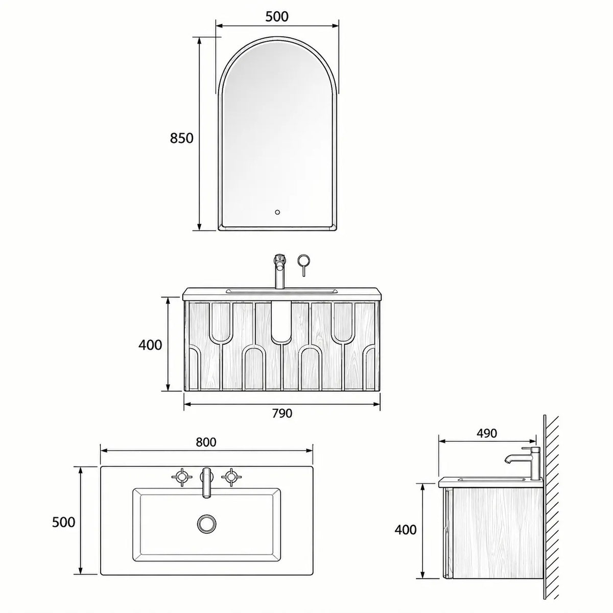 NOCE - Meuble Vasque Suspendu 80 cm, Façade Noyer à Motifs en U, avec Miroir