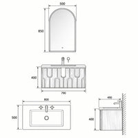 NOCE - Meuble Vasque Suspendu 80 cm, Façade Noyer à Motifs en U, avec Miroir