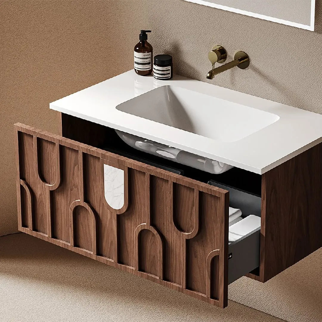 NOCE - Meuble Vasque Suspendu 80 cm, Façade Noyer à Motifs en U, avec Miroir