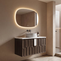 MORO - Meuble Vasque Suspendu 80 cm, Façade Noyer Foncé à Motifs en U, Vasque à Poser, avec Miroir