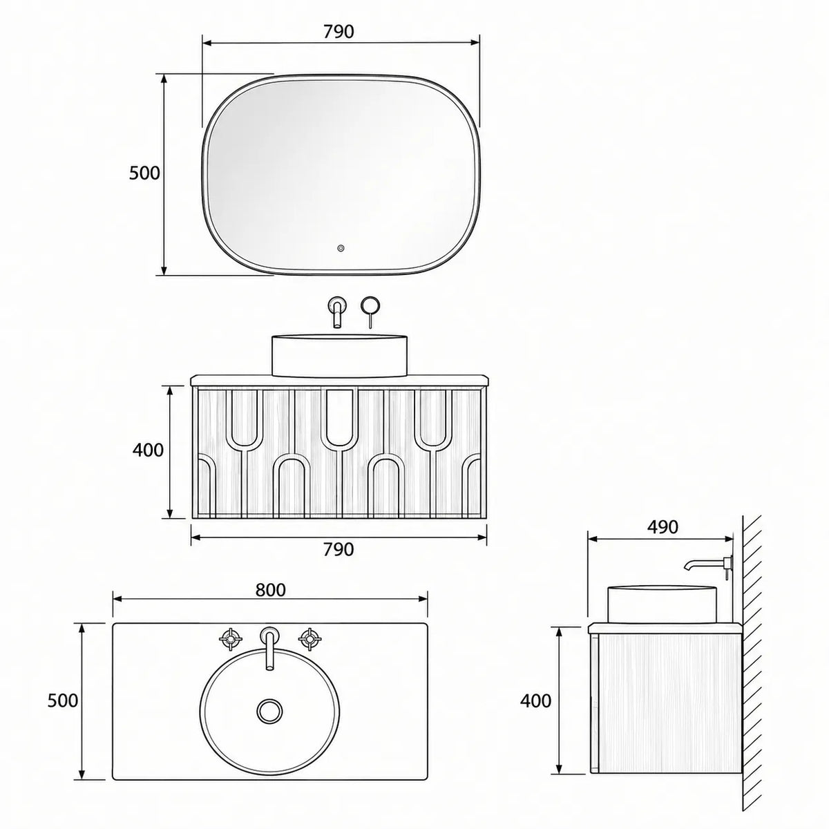 MORO - Meuble Vasque Suspendu 80 cm, Façade Noyer Foncé à Motifs en U, Vasque à Poser, avec Miroir