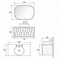 MORO - Meuble Vasque Suspendu 80 cm, Façade Noyer Foncé à Motifs en U, Vasque à Poser, avec Miroir