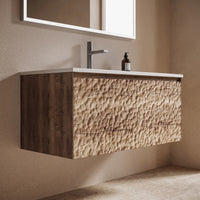 CORTECCIA - Meuble Vasque Suspendu 90 cm, Façade Relief Écorce Bois Clair, avec Miroir