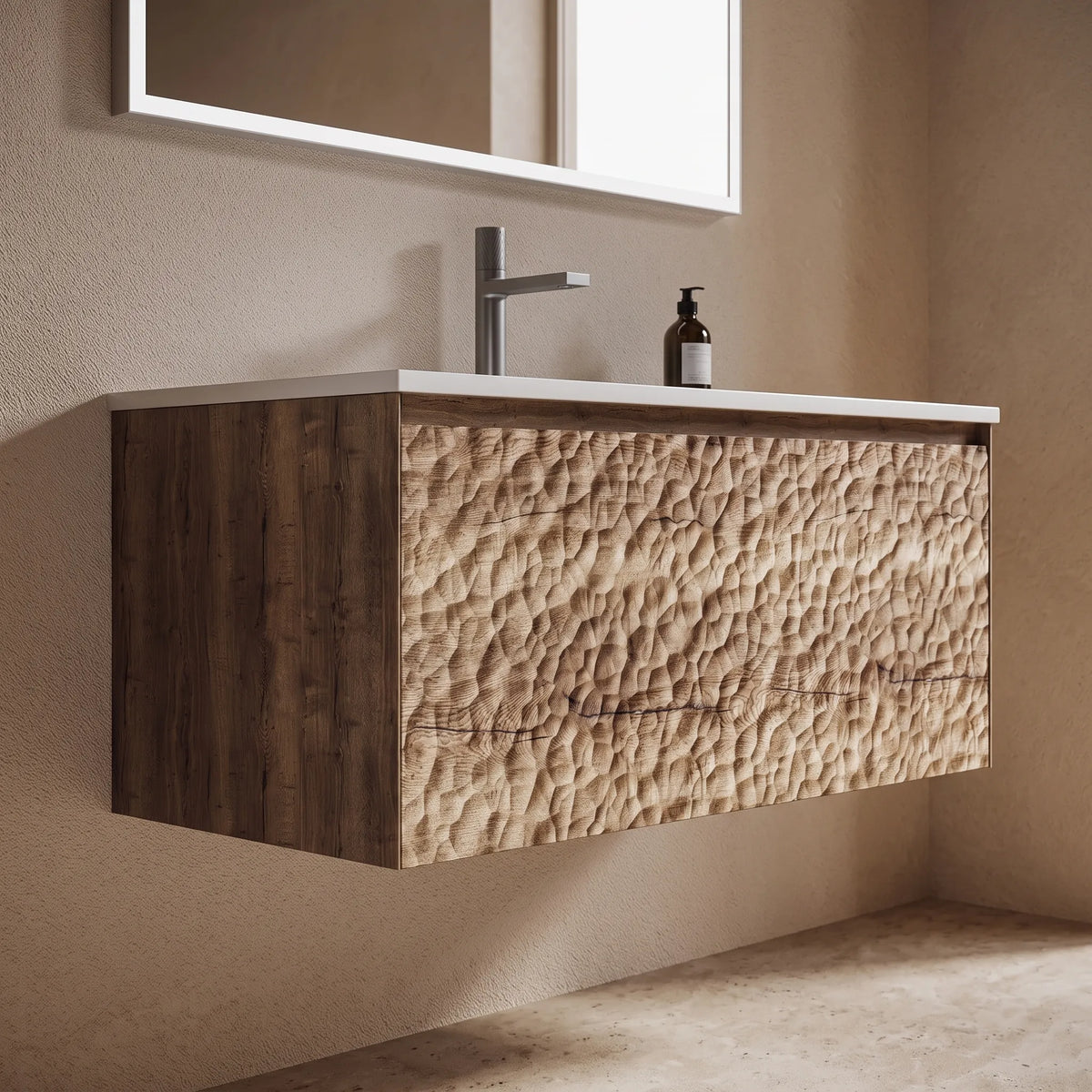 CORTECCIA - Meuble Vasque Suspendu 90 cm, Façade Relief Écorce Bois Clair, avec Miroir