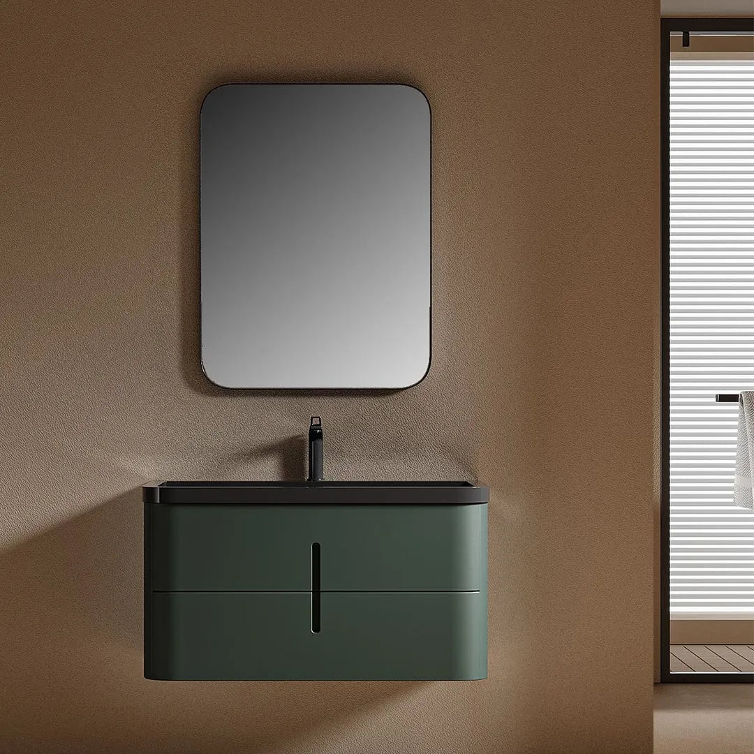TONDINO - Meuble Vasque Suspendu 90 cm, Vert Profond, 2 Tiroirs, avec Miroir