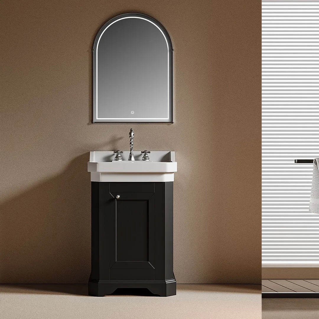 BORGO - Meuble Lave-Mains 45 cm, Style Classique Noir, Vasque en Céramique, avec Miroir