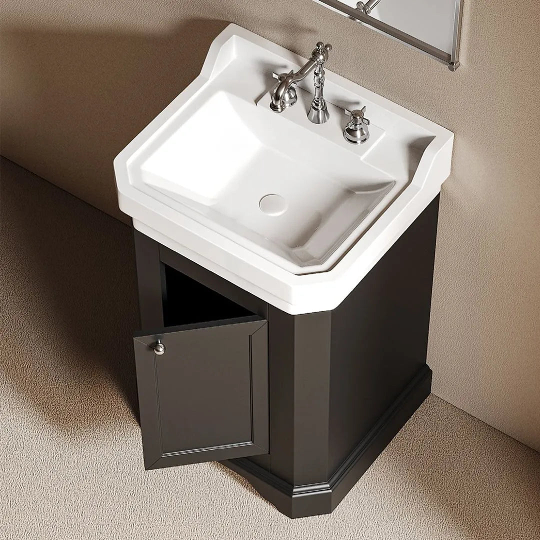 BORGO - Meuble Lave-Mains 45 cm, Style Classique Noir, Vasque en Céramique, avec Miroir