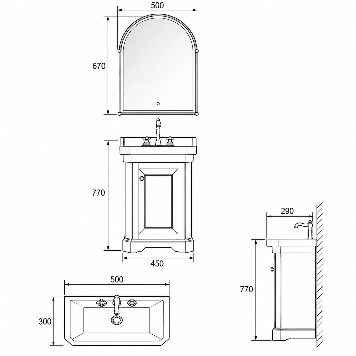 BORGO - Meuble Lave-Mains 45 cm, Style Classique Noir, Vasque en Céramique, avec Miroir