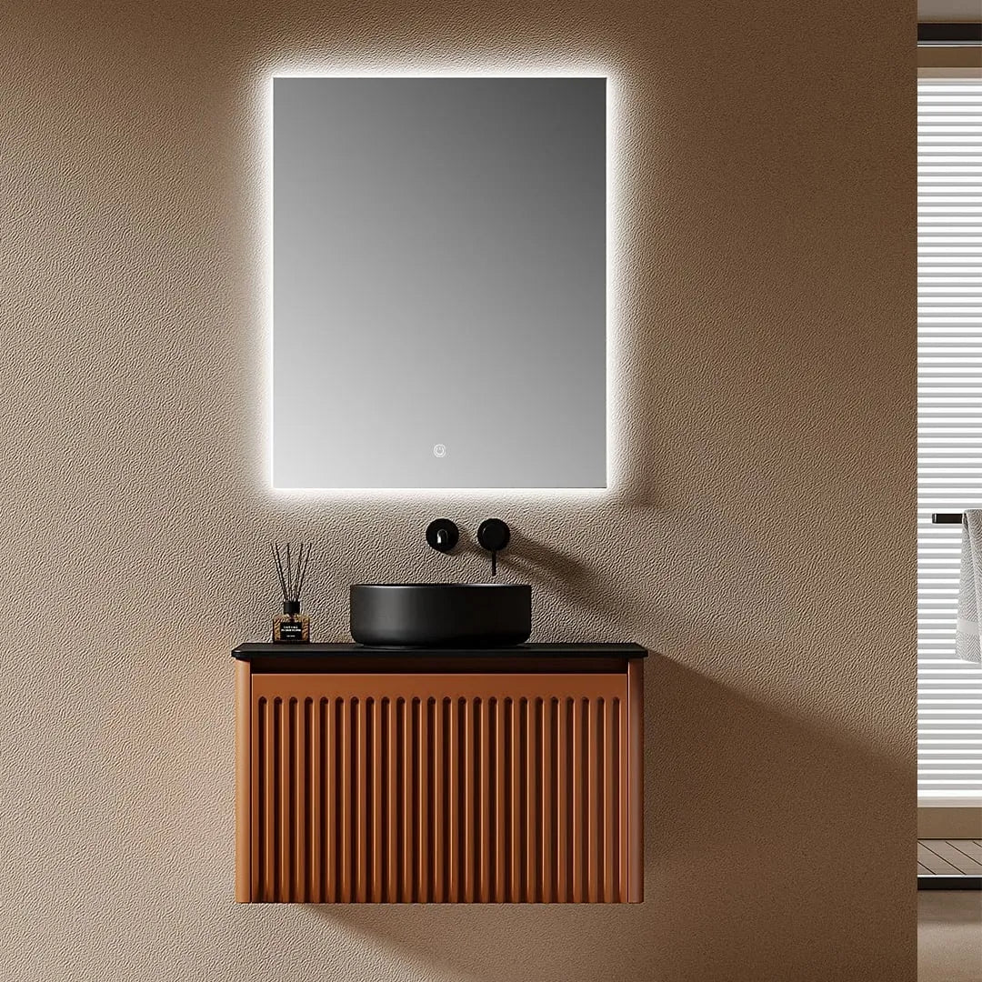 CANNELLA - Meuble Vasque Suspendu 75 cm, Façade Cannelée Terracotta, Vasque à Poser Noire, avec Miroir
