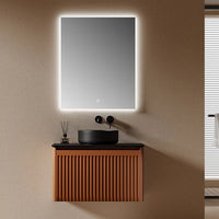 CANNELLA - Meuble Vasque Suspendu 75 cm, Façade Cannelée Terracotta, Vasque à Poser Noire, avec Miroir