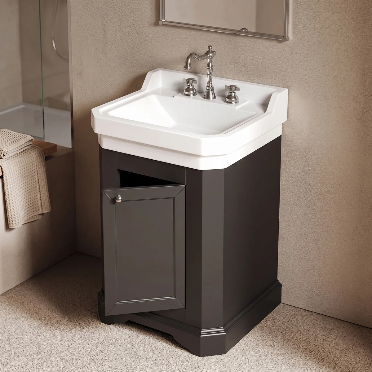 BORGO - Meuble Lave-Mains 45 cm, Style Classique Noir, Vasque en Céramique, avec Miroir