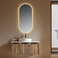 ARCATA - Meuble Vasque Suspendu 90 cm, Façade Bois à Arches, Vasque à Poser Cannelée, avec Miroir