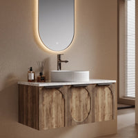 ARCATA - Meuble Vasque Suspendu 90 cm, Façade Bois à Arches, Vasque à Poser Cannelée, avec Miroir
