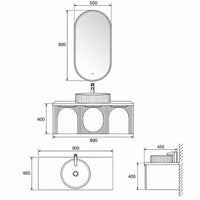 ARCATA - Meuble Vasque Suspendu 90 cm, Façade Bois à Arches, Vasque à Poser Cannelée, avec Miroir