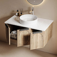 ARCATA - Meuble Vasque Suspendu 90 cm, Façade Bois à Arches, Vasque à Poser Cannelée, avec Miroir