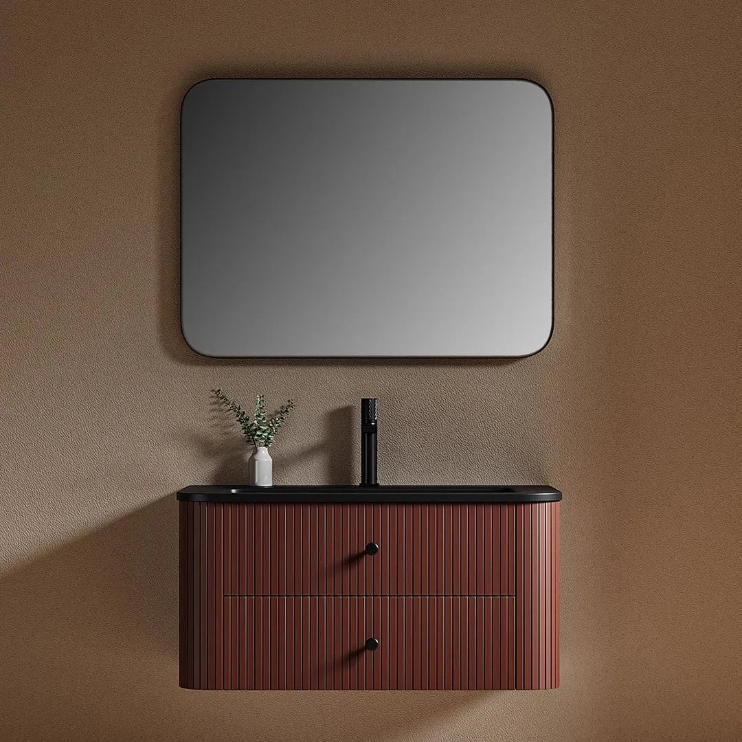 MATTONE - Meuble Vasque Suspendu 90 cm, Façade Cannelée Rouge Brique, Vasque Noire, avec Miroir