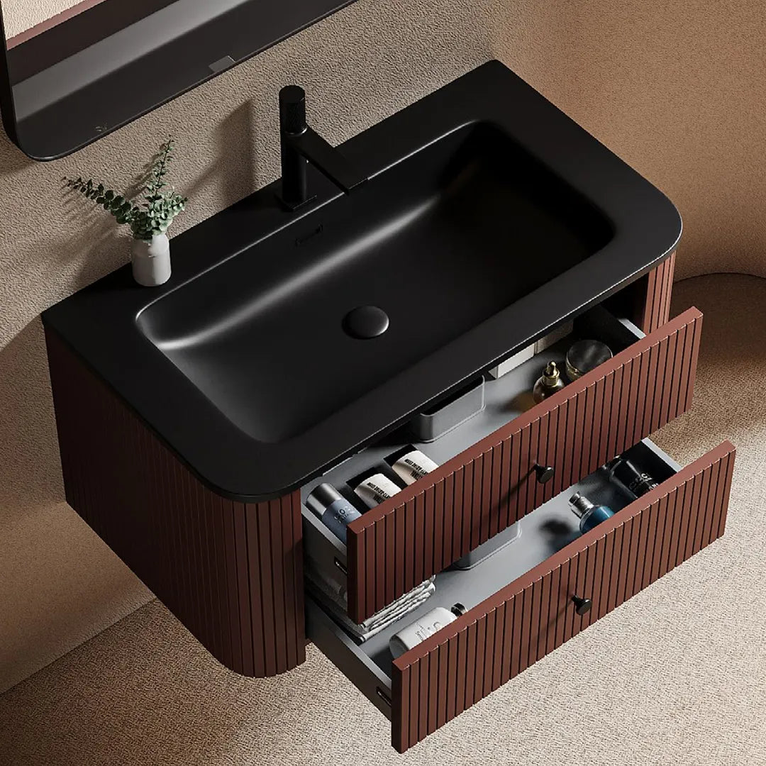 MATTONE - Meuble Vasque Suspendu 90 cm, Façade Cannelée Rouge Brique, Vasque Noire, avec Miroir