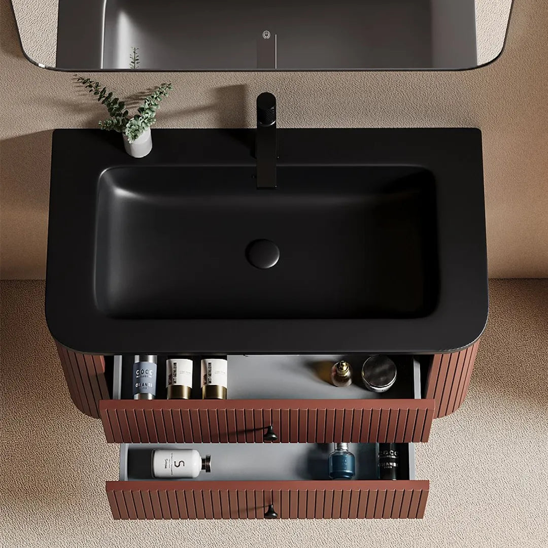 MATTONE - Meuble Vasque Suspendu 90 cm, Façade Cannelée Rouge Brique, Vasque Noire, avec Miroir