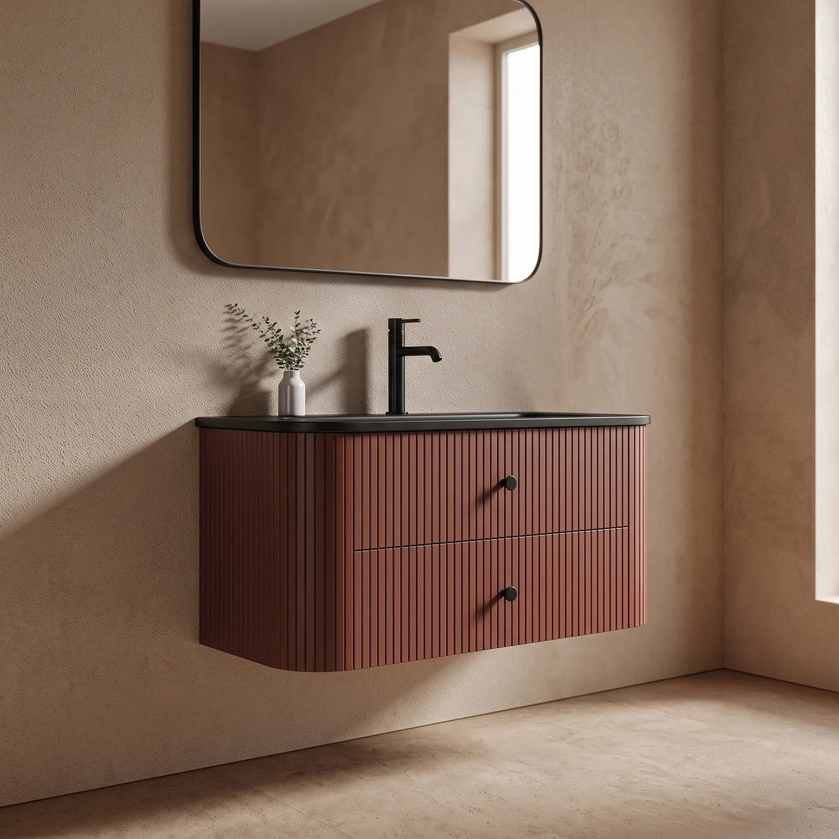 MATTONE - Meuble Vasque Suspendu 90 cm, Façade Cannelée Rouge Brique, Vasque Noire, avec Miroir