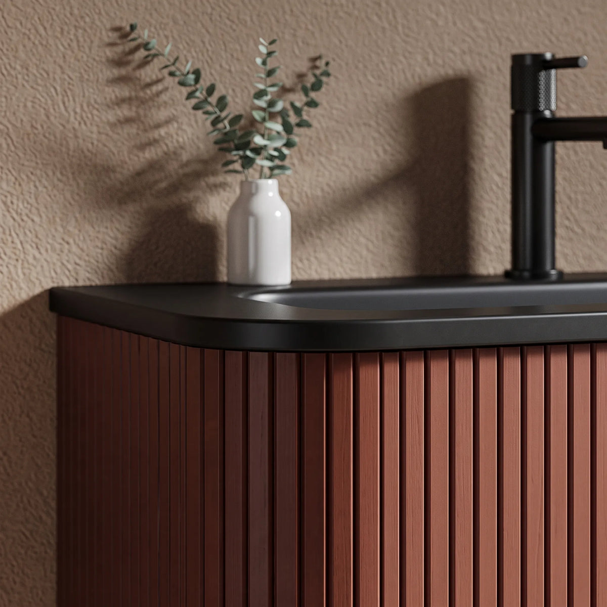 MATTONE - Meuble Vasque Suspendu 90 cm, Façade Cannelée Rouge Brique, Vasque Noire, avec Miroir