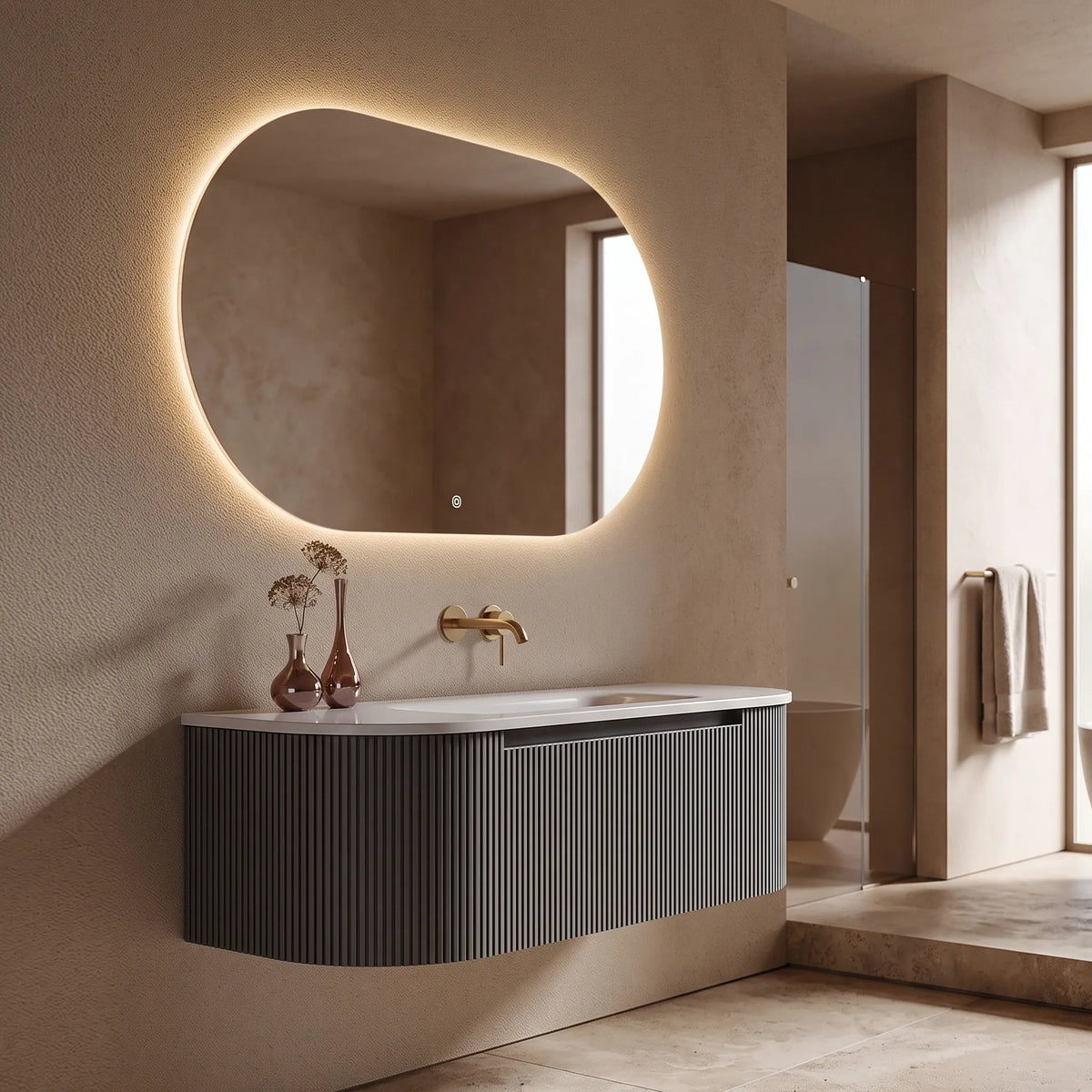 FLUTTO - Meuble Vasque Suspendu 120 cm, Cannelures Gris Anthracite, Simple Vasque, avec Miroir