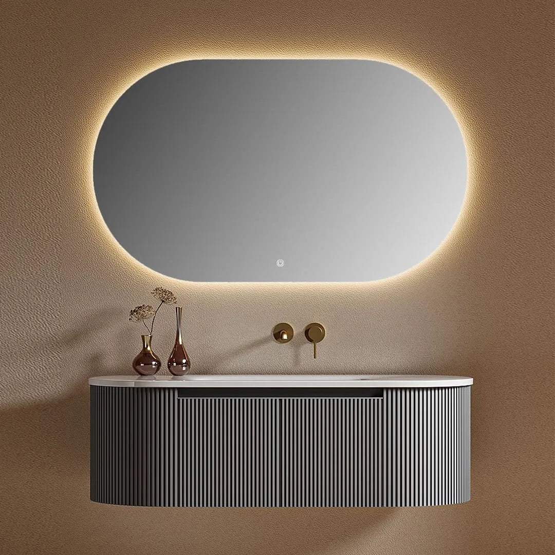 FLUTTO - Meuble Vasque Suspendu 120 cm, Cannelures Gris Anthracite, Simple Vasque, avec Miroir