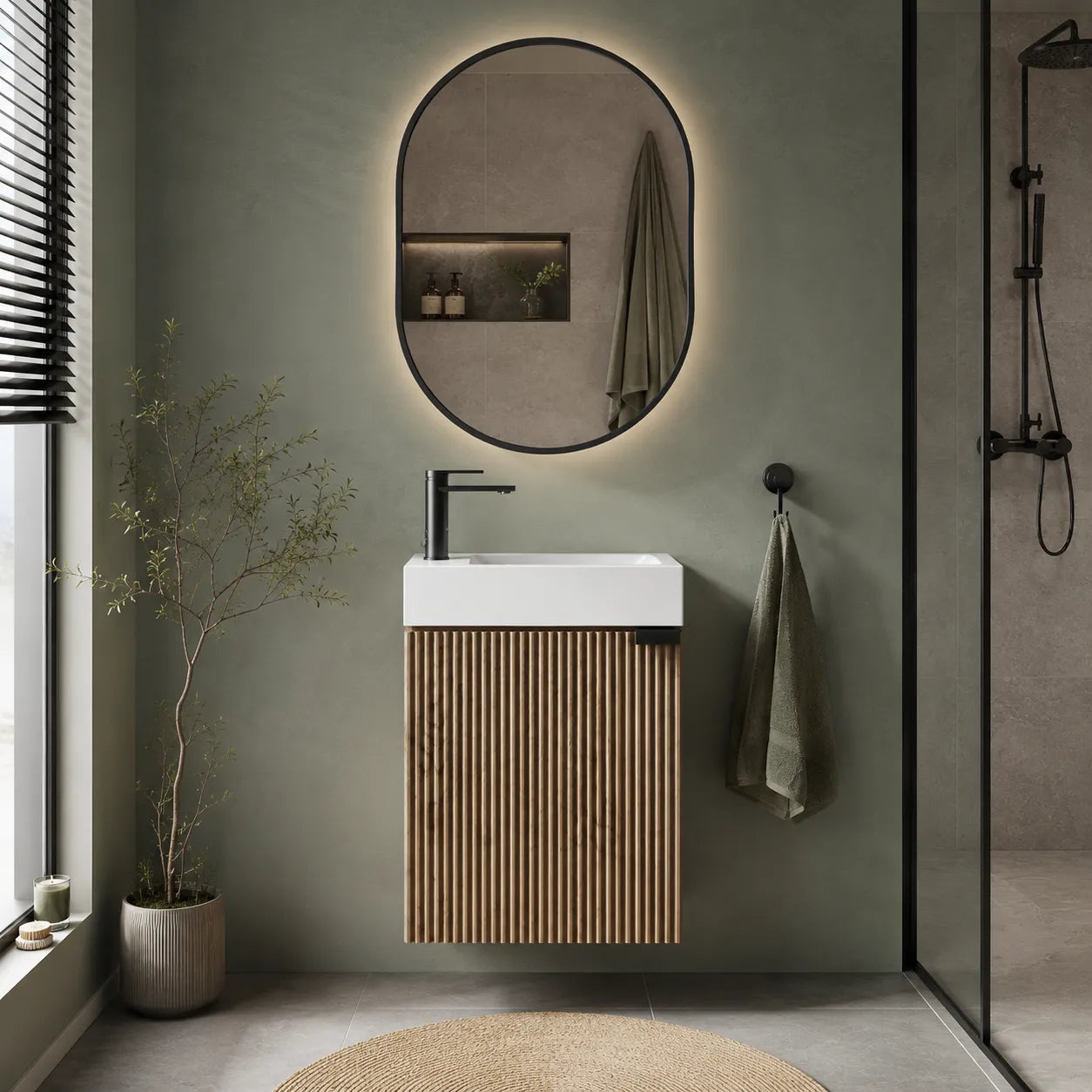 TILEVA - Kompakter Waschtischunterschrank 40cm mit Wasserhahn, Naturholz