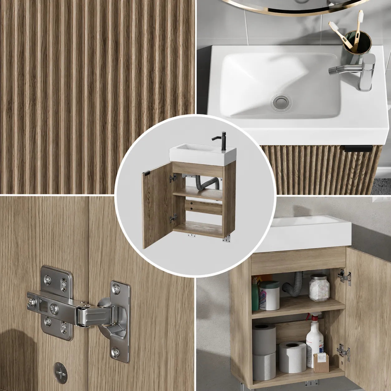TILEVA - Kompakter Waschtischunterschrank 40cm mit Wasserhahn, Naturholz