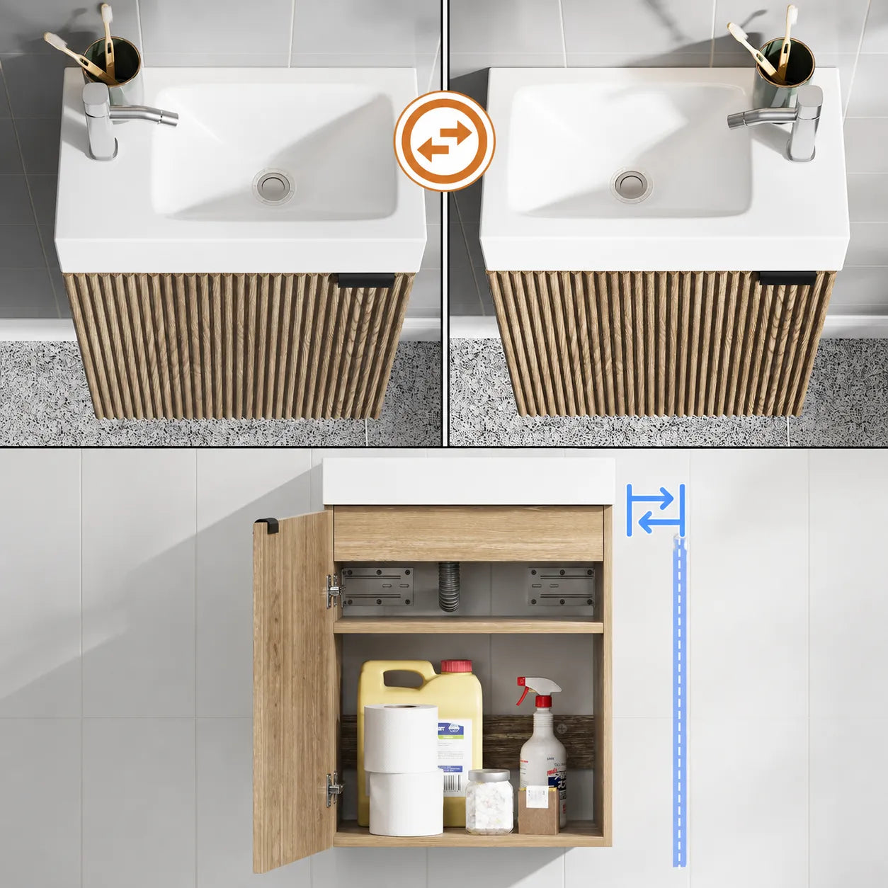 TILEVA - Kompakter Waschtischunterschrank 40cm mit Wasserhahn, Naturholz