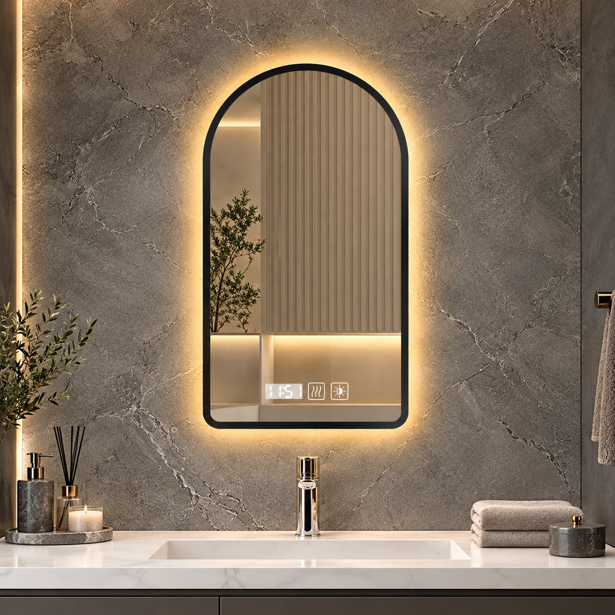CURVA - Miroir de Salle de Bain Cintré, Cadre Aluminium & LED Tricolore