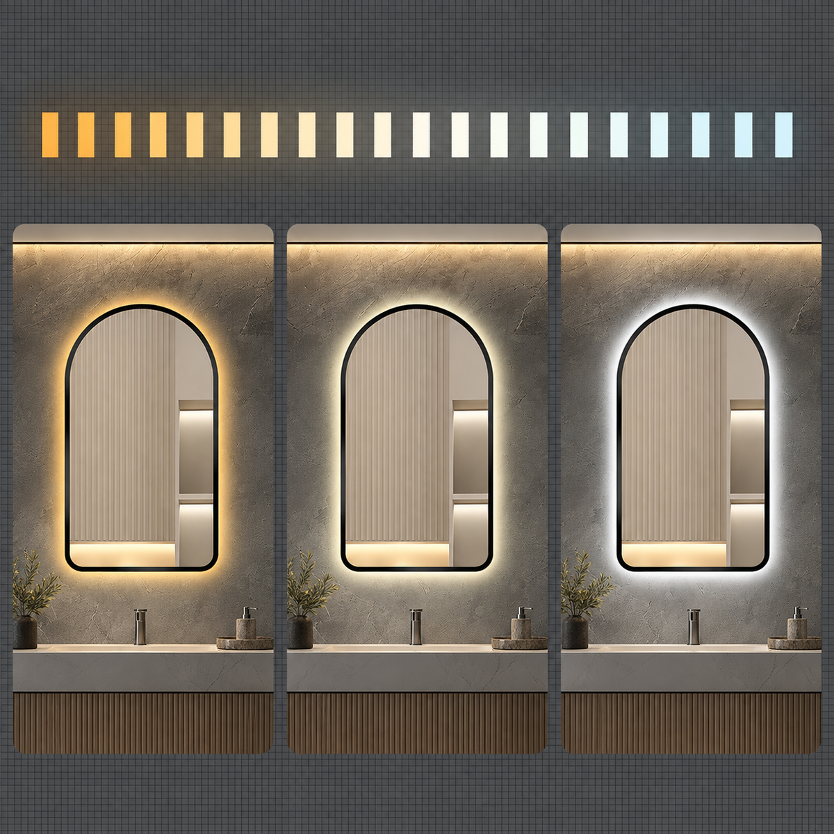 CURVA - Miroir de Salle de Bain Cintré, Cadre Aluminium & LED Tricolore